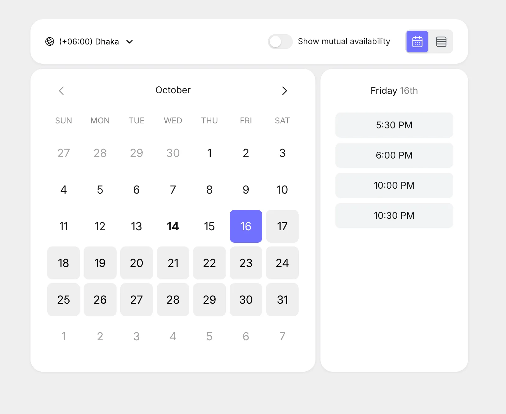 A booking calendar for October with open demo slots on Friday the 16th