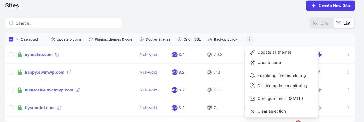 More bulk actions menu with uptime monitoring and SMTP configuration