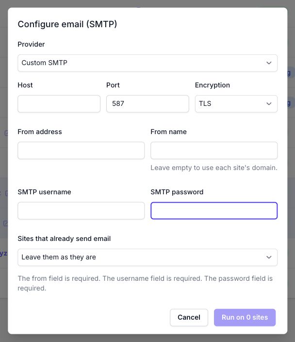 Custom SMTP form with sender, connection and existing-settings controls.
