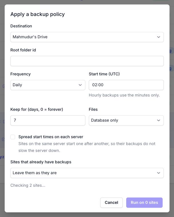 Backup policy form with a Google Drive destination selected.