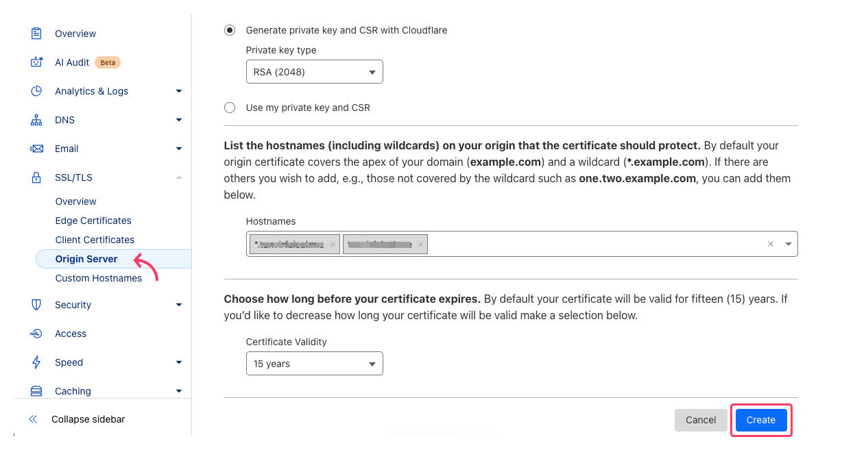 Create an ssl from the origin server