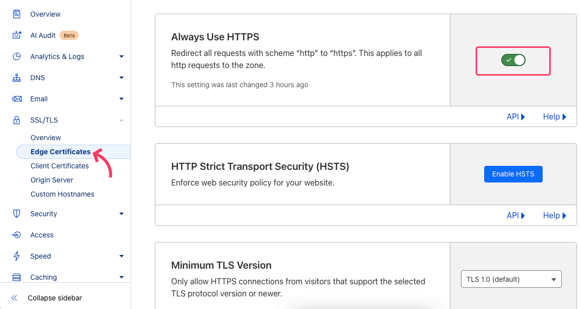 Always Use HTTPS - Edge certificates