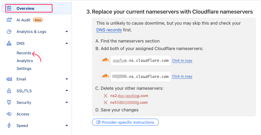 Replace the dns with cloudflare's nameservers