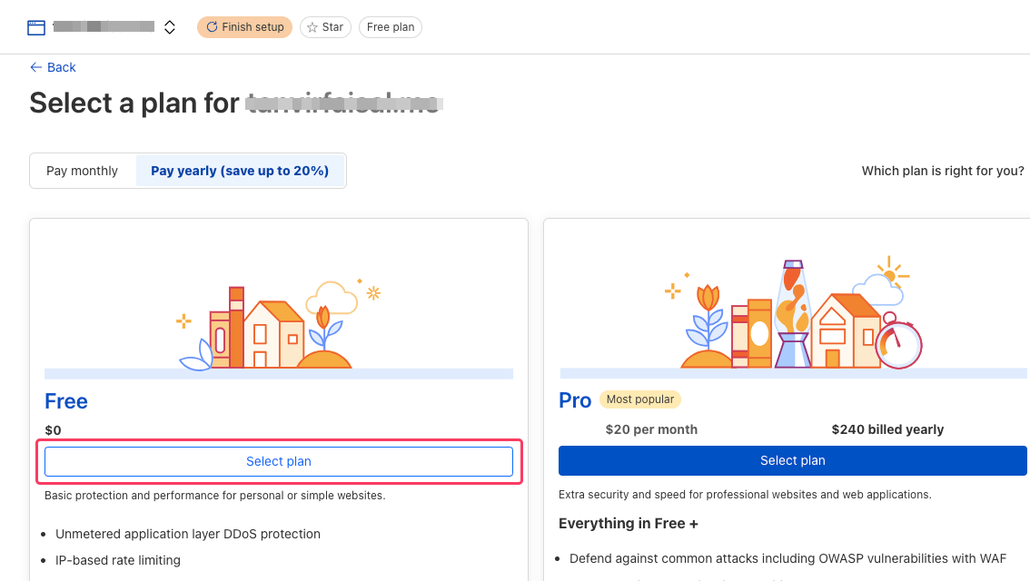 Select a Cloudflare free plan