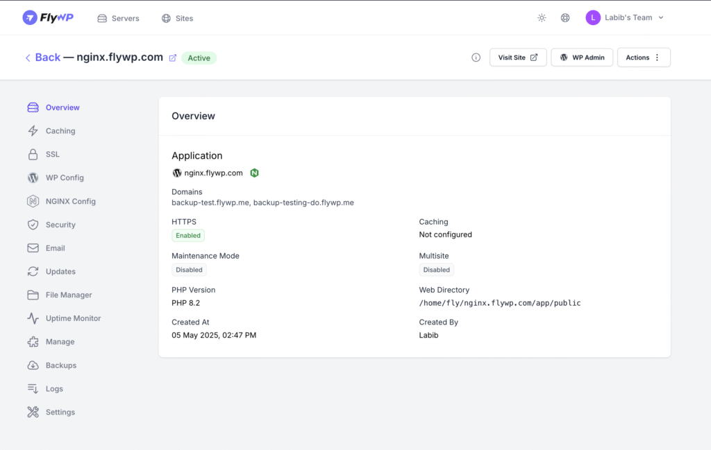 FlyWP dashboard showing the site Overview for nginx.flywp.com, with sidebar sections for Caching, SSL, NGINX Config, Security, Updates and Backups