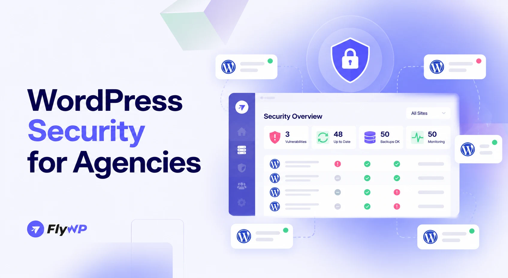 WordPress Security for Agencies banner showing a FlyWP Security Overview dashboard with vulnerability, update, backup and monitoring counts for client WordPress sites around a shield icon.