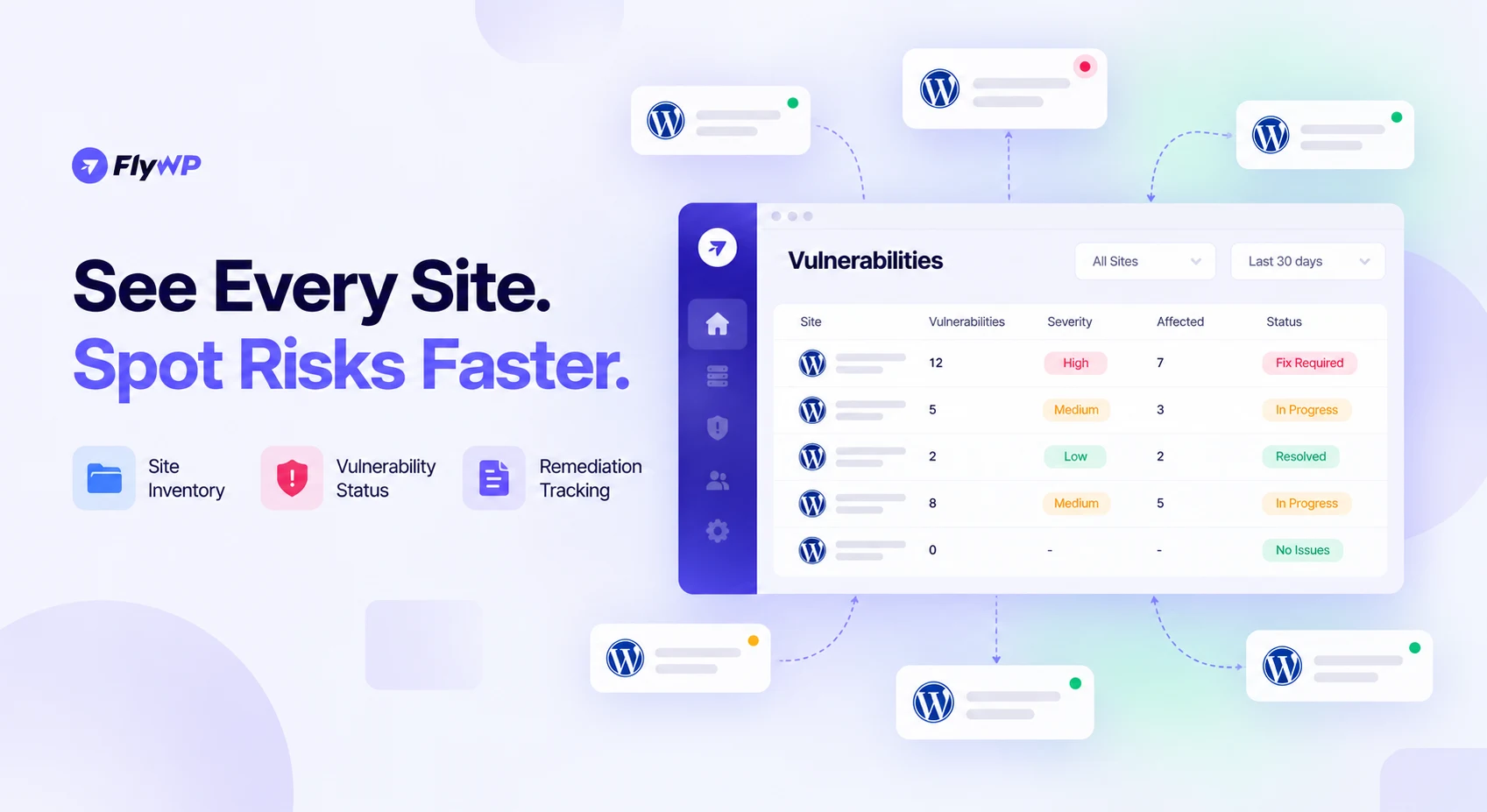 See Every Site. Spot Risks Faster. FlyWP vulnerabilities dashboard listing client WordPress sites with their vulnerability count, severity, affected components and remediation status, alongside site inventory, vulnerability status and remediation tracking icons.